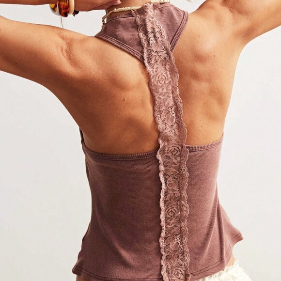 Light Yellow Boho Women's Washed Lace Patchwork Tank Top - Picture 2 of 5